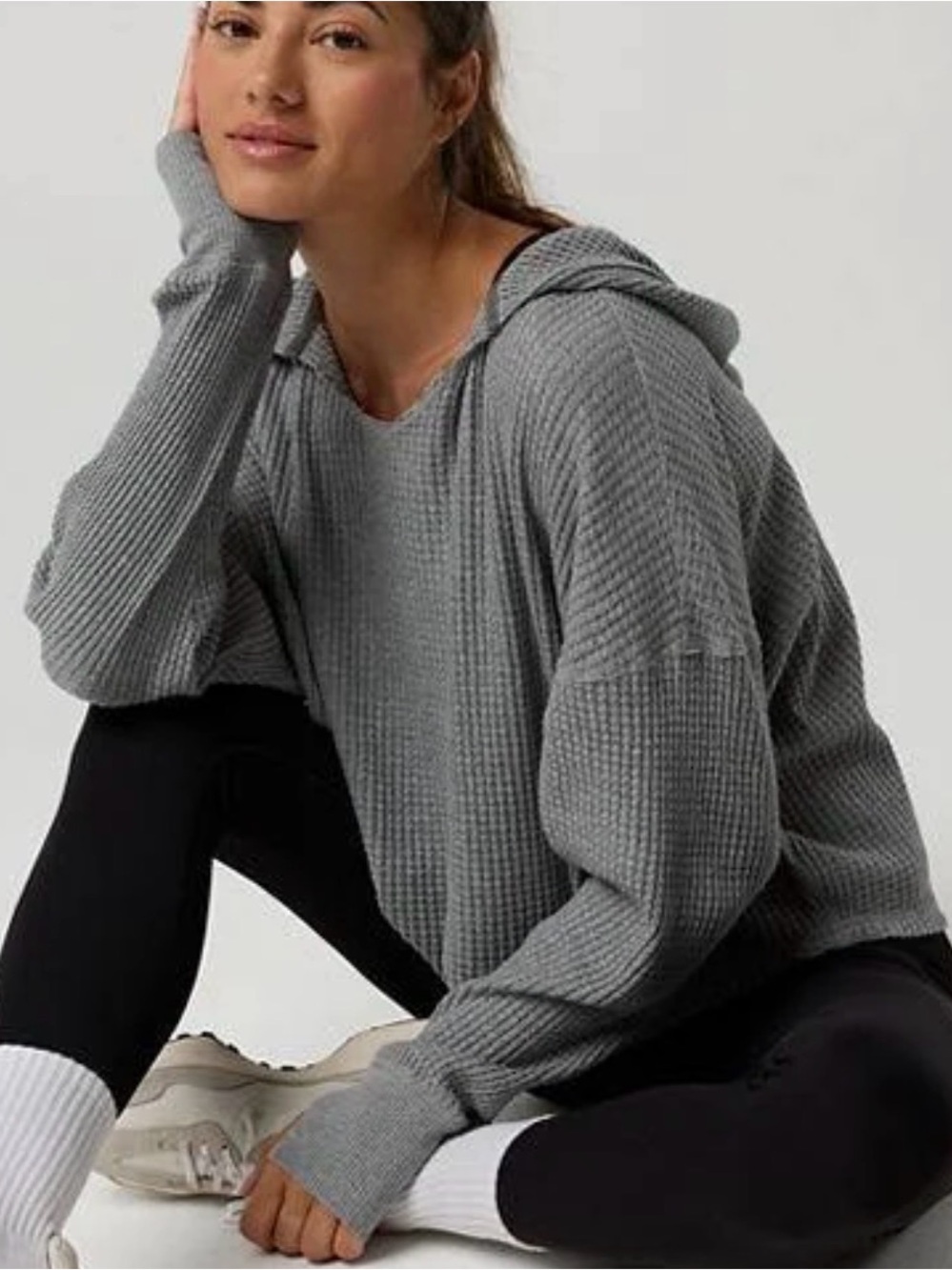 Aerie Offline Light Gray Waffle-Knit Hooded Pullover NWOT